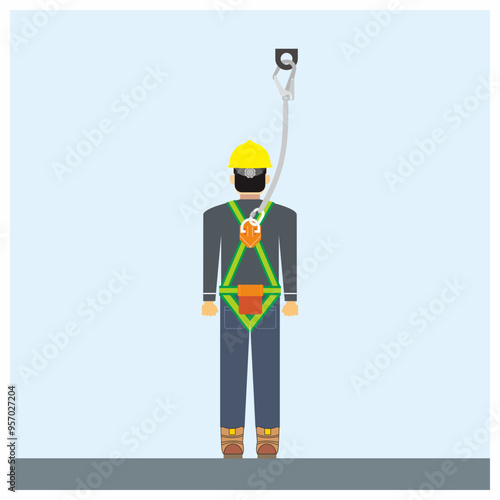 Attached the safety harness hook to the top of the head anchorage point vector illustration. Construction and industrial personal protective equipment for working at height. Fall factor zero.