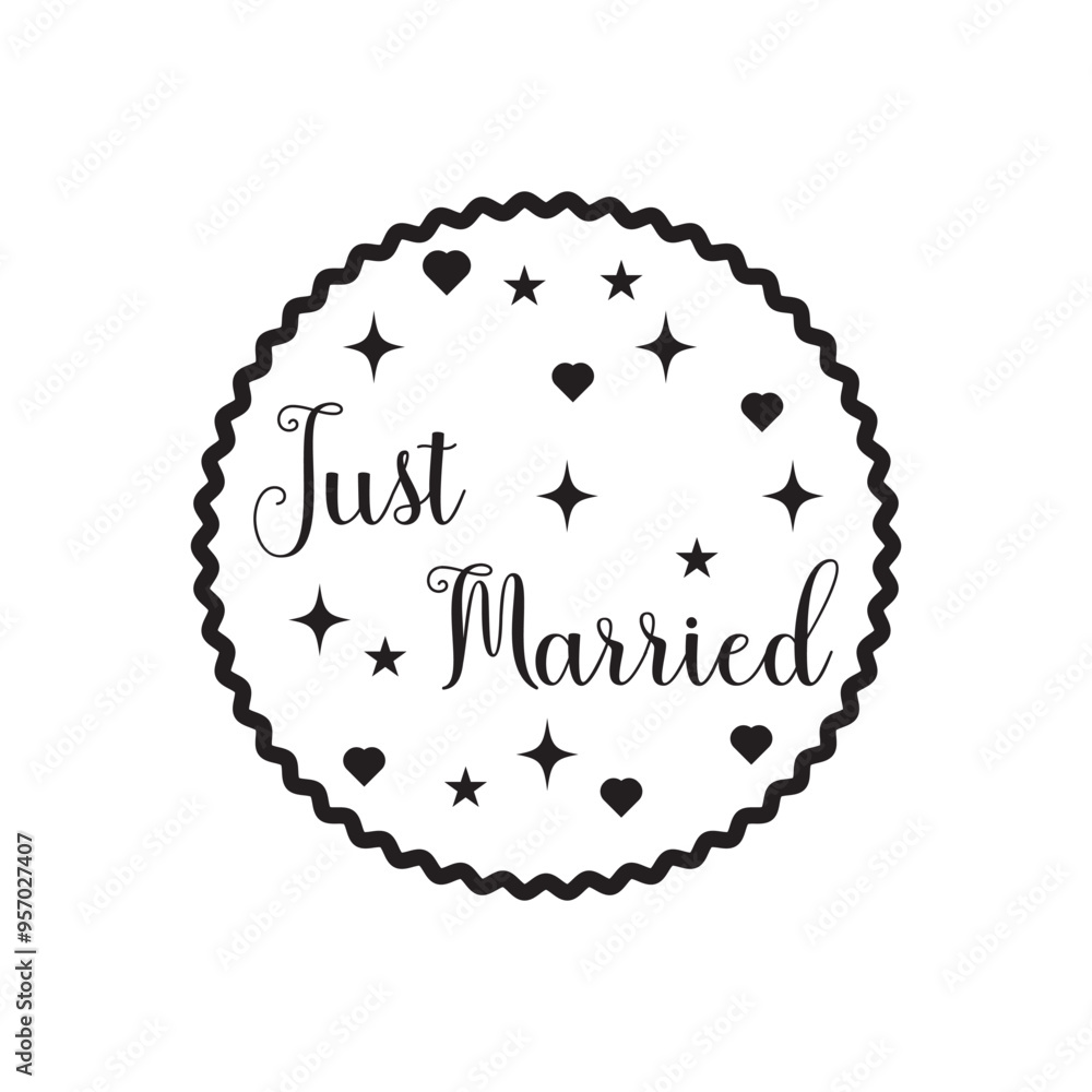 Obraz premium JUST MARRIED hand lettering, vector illustration. Hand drawn lettering card background. Modern handmade calligraphy. Hand drawn lettering element for your design. 