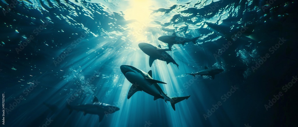 Φωτογραφία Sharks swimming gracefully in the ocean, illuminated by sun rays piercing the water, capturing the awe and power of marine life