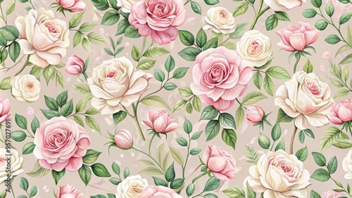 Wallpaper Mural Delicate, whimsical rose pattern repeats seamlessly in soft pink and white hues, creating a romantic, vintage-inspired design suitable for textiles, wallpapers, and craft projects. Torontodigital.ca