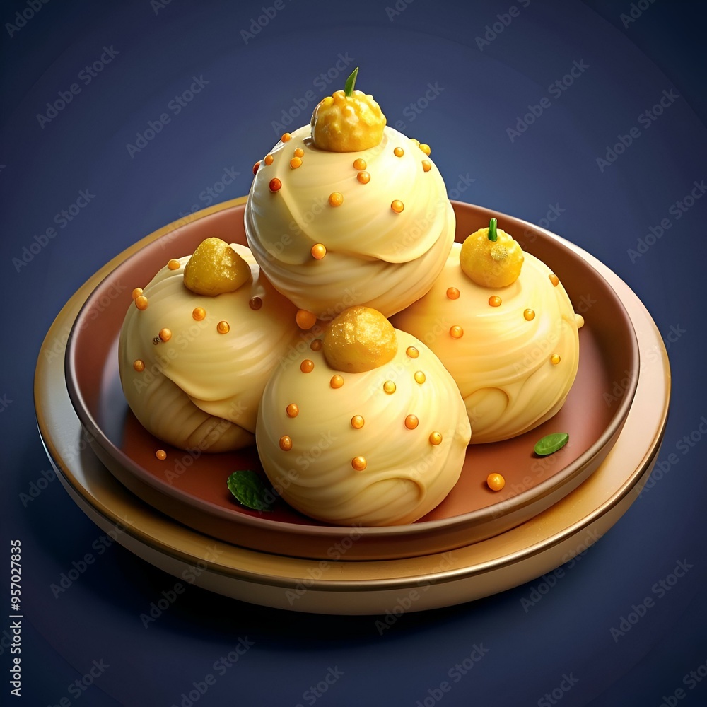 Gourmet white chocolate truffles with a delicate orange center. artfully arranged on a stylish plate. Gourmet white chocolate truffles with a delicate orange center. artfully arranged on a stylish plate.