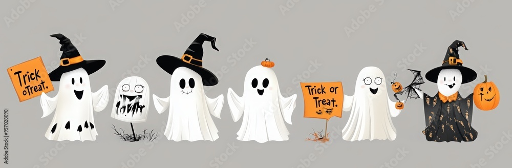 cute cartoon ghosts dressed in different costumes for Halloween, white tattered robes and black hats with stripes on the side, holding signs that say cute cartoon ghosts dressed in different costumes for Halloween, white tattered robes and black hats with stripes on the side, holding signs that say