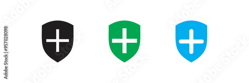 Medical health protection shield icon with cross. Healthcare medicine protect business concept, vector illustration. Plus and shield on white