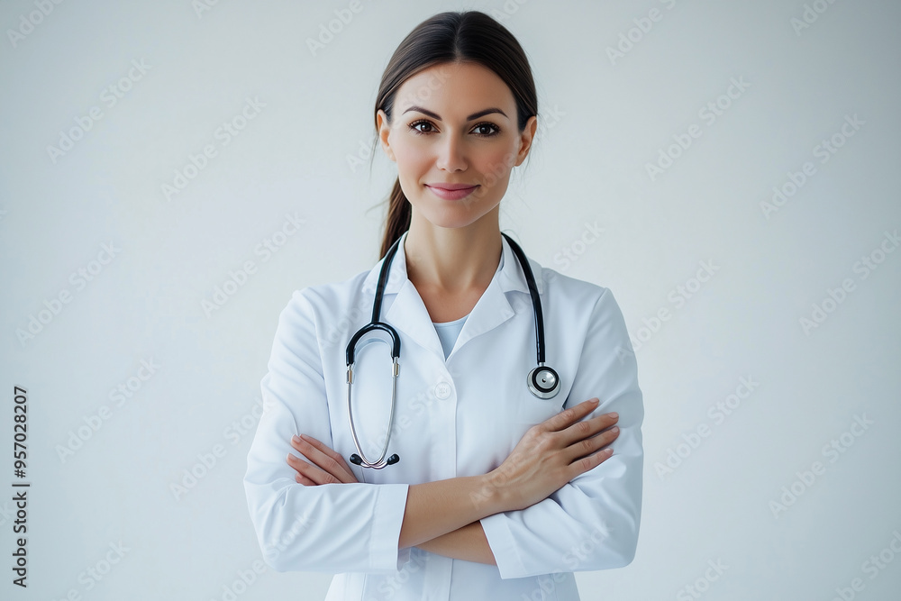 Confident female doctor or nurse wearing medical uniform, standing against monochrome background. Professional healthcare worker holding medical product, representing success and expertise in the medi