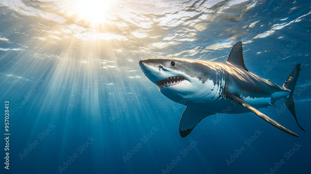 Fototapeta premium Great White Shark Swimming in Sunlight Underwater