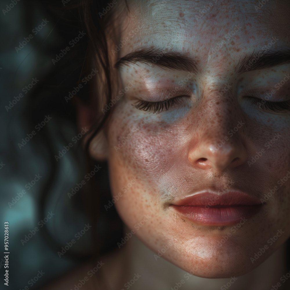 Close-up of Woman with Freckles and Closed Eyes in Serene Mood Close-up of Woman with Freckles and Closed Eyes in Serene Mood
