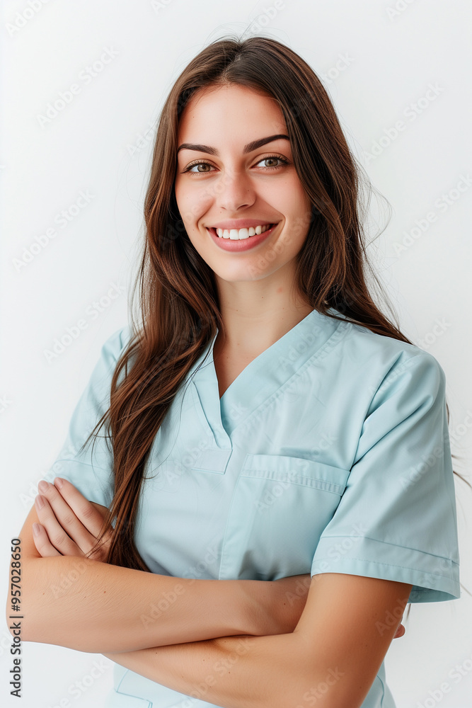 Confident female doctor or nurse wearing medical uniform, standing against monochrome background. Professional healthcare worker holding medical product, representing success and expertise in the medi Confident female doctor or nurse wearing medical uniform, standing against monochrome background. Professional healthcare worker holding medical product, representing success and expertise in the medi