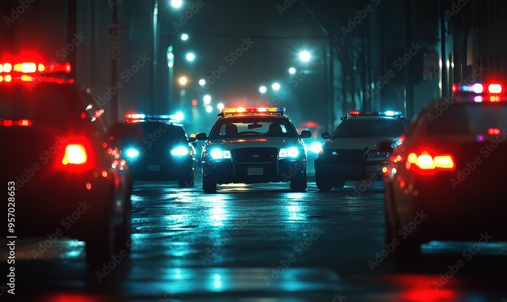 police cars with flashing lights in an emergency scene, at night Generative AI