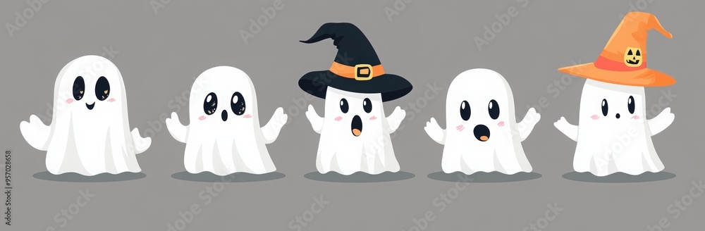Obraz premium cute cartoon ghosts dressed in different costumes for Halloween, white tattered robes and black hats with stripes on the side, holding signs that say 