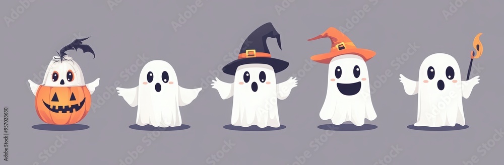 cute cartoon ghosts dressed in different costumes for Halloween, white tattered robes and black hats with stripes on the side, holding signs that say cute cartoon ghosts dressed in different costumes for Halloween, white tattered robes and black hats with stripes on the side, holding signs that say