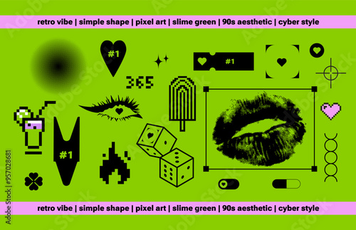 Pixels Y2k trendy playful abstract black stickers. Girl party 90th style. Hearts, tickets, Simple shapes, digital elements. Slime green neon for techno 365. Geometric Brutalism,   Y Generation