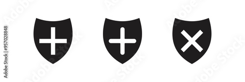 Medical health protection shield icon with cross. Healthcare medicine protect business concept, vector illustration. Plus and shield on white