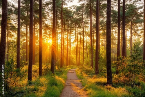 A beautiful autumn forest with colorful trees in a sunny autumn landscape