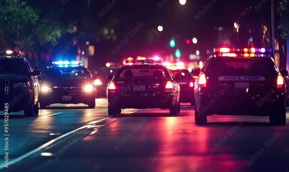 police cars with flashing lights during an emergency nighttime scene Generative AI police cars with flashing lights during an emergency nighttime scene Generative AI
