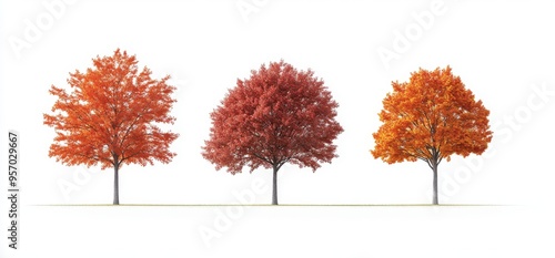 In the autumn, Japanese maple trees are shadowed on the ground. The trees are isolated on a white background