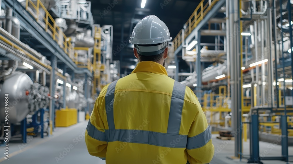 A worker in a safety helmet and yellow jacket observes the industrial environment, showcasing modern manufacturing processes. A worker in a safety helmet and yellow jacket observes the industrial environment, showcasing modern manufacturing processes.