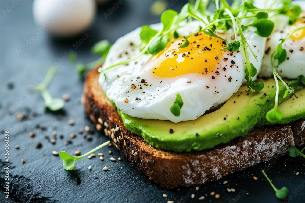 Toasted Bread with Avocado, Poached Egg, and Microgreens Toasted Bread with Avocado, Poached Egg, and Microgreens