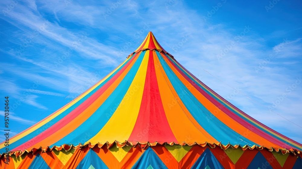 A circus tent with bold zigzag patterns in bright colors, standing out against the blue sky. A circus tent with bold zigzag patterns in bright colors, standing out against the blue sky.