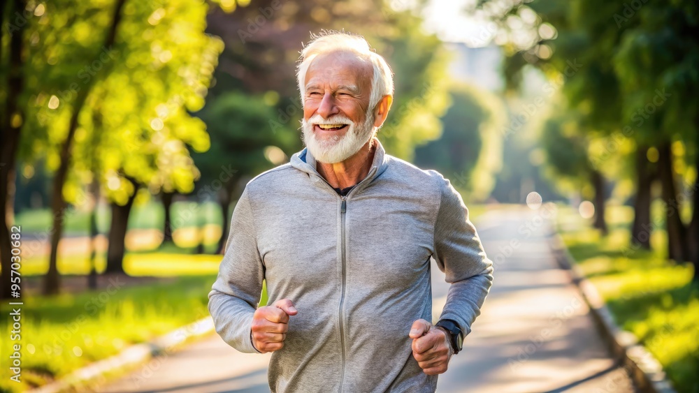 Obraz premium Elderly adult with silver hair and bright smile, wearing casual athletic attire, jogging outdoors on a sunny day, exuding joy and freedom.