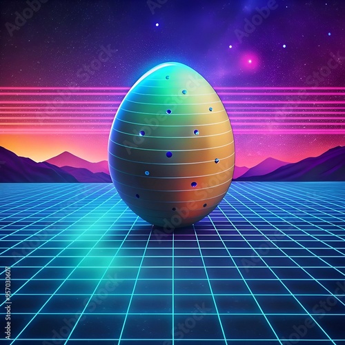 A futuristic. 3D illustration of a blue potato shaped object. set against a vibrant 80s synthwave backdrop. photo