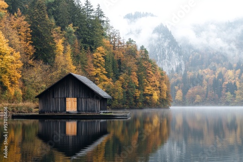 Beautiful morning view of mountains of the Austrian Alps. Foggy autumn scene of Altaussee town, district of Liezen in Styria, Austria. Traveling concept background with mountain scenery. photo