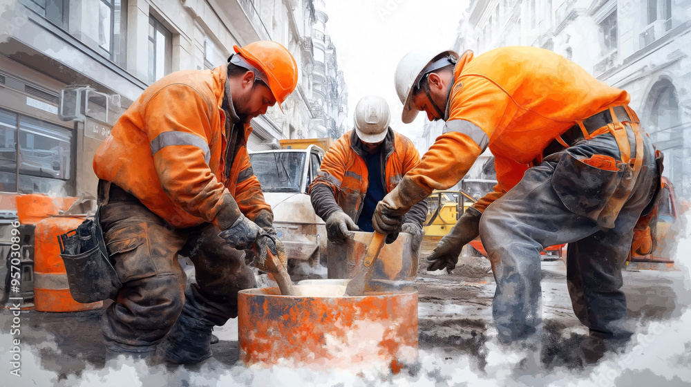 Construction workers wearing orange safety vests and helmets working together on a city street. They appear to be engaged in a road repair task using concrete. Construction workers wearing orange safety vests and helmets working together on a city street. They appear to be engaged in a road repair task using concrete.