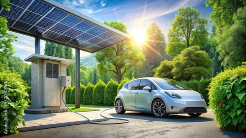 Electrifying vehicle plugged into a modern solar-powered charging station, surrounded by lush greenery, illustrating a sustainable and eco-friendly transportation future. photo