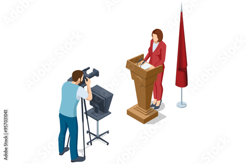 Isometric TV studio. Politician Addresses an Election Campaign Rally. Expert Talk Politics, Science, News, Entertainment. Show production maker.