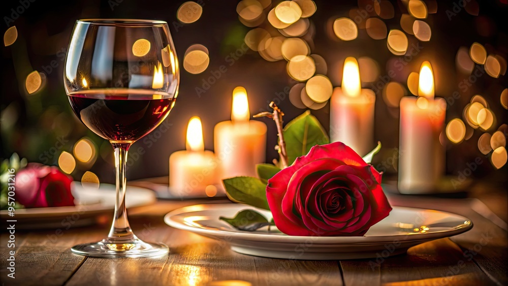 Elegant dinner setting featuring a long-stemmed rose, a glass of rich red wine, and a beautifully set table with fine china and candlelight ambiance. Elegant dinner setting featuring a long-stemmed rose, a glass of rich red wine, and a beautifully set table with fine china and candlelight ambiance.