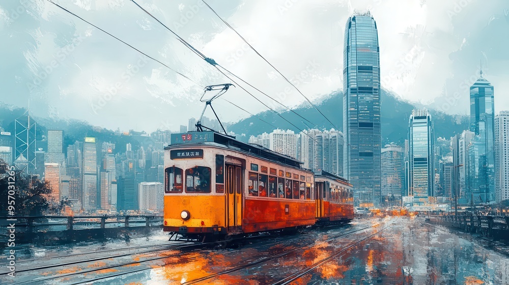 iconic hong kong transportation collage featuring the historic tram modern cable car and panoramic cityscape views iconic hong kong transportation collage featuring the historic tram modern cable car and panoramic cityscape views