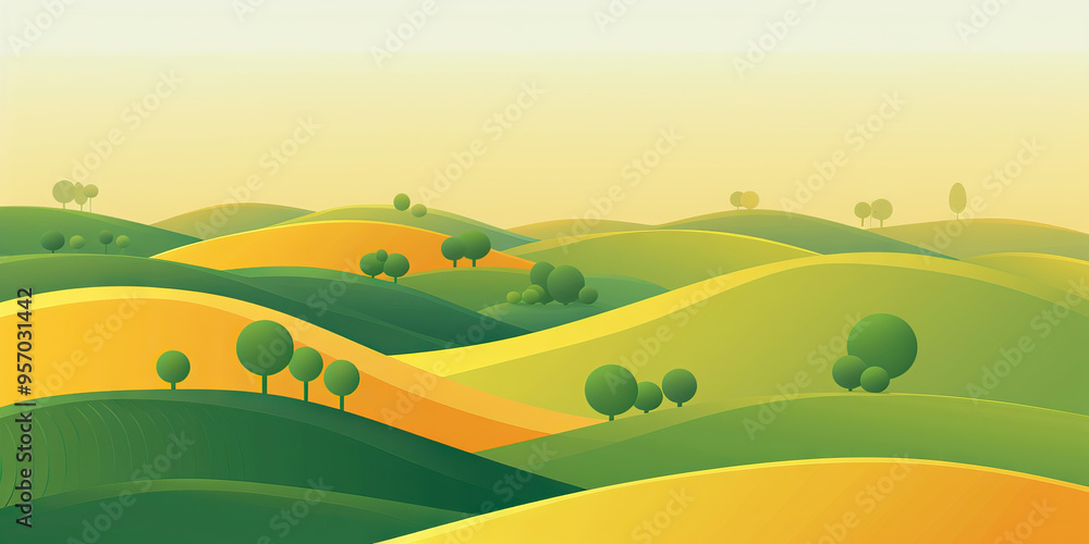 Obraz premium An abstract background of rolling hills and trees, symbolizing the growth of a sustainable agricultural business.