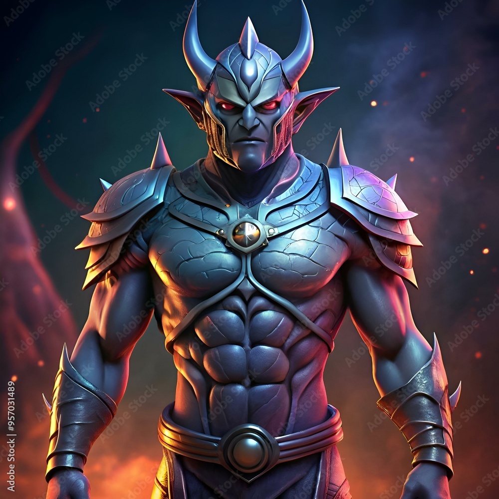 A menacing 3D illustration of a horned warrior clad in dark armor. his gaze intense and powerful. A menacing 3D illustration of a horned warrior clad in dark armor. his gaze intense and powerful.