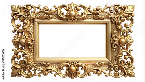 Elegant gold ornate frame with intricate filigree and beveled edges, perfect for showcasing vintage-inspired portraits or nostalgic scenes in a lavish Art Deco setting.