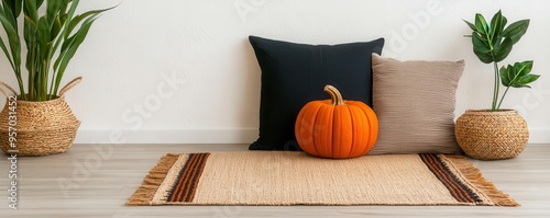 Boho-style Halloween living room with a mix of patterned throw pillows, and a vintage rug, creating a cozy and festive space photo