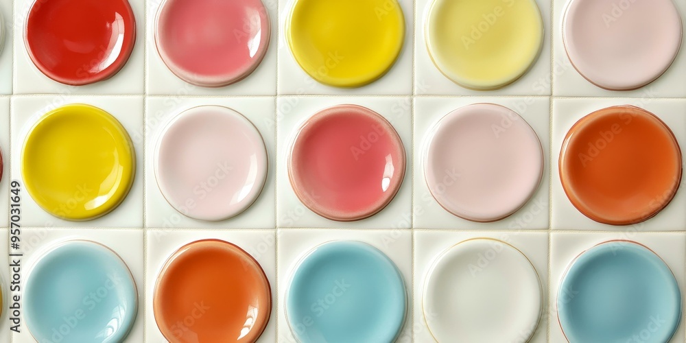 Colorful circular tiles on white tile wall. Colorful circular tiles on white tile wall.