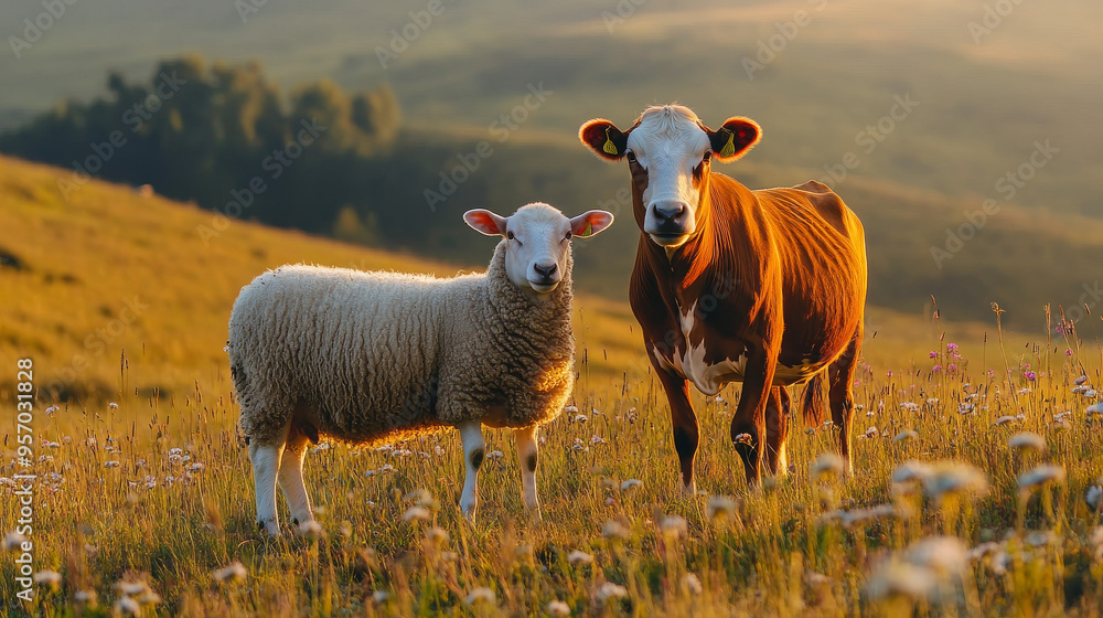 Obraz premium Cow and Sheep Grazing in a Lush Green Field