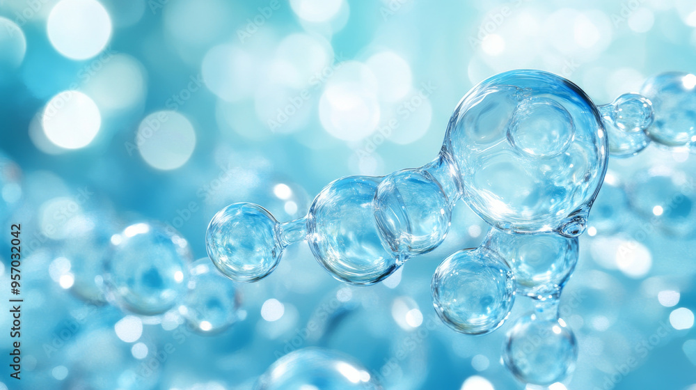 A series of blue spheres, which appear to be water droplets A series of blue spheres, which appear to be water droplets
