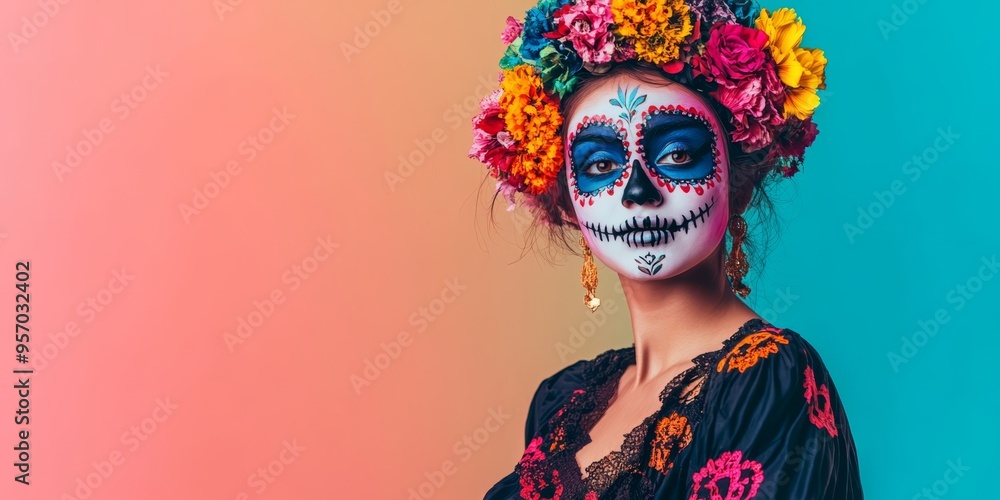 Fototapeta premium Girl dressed for Day of the Dead celebration with vibrant face paint and floral decorations