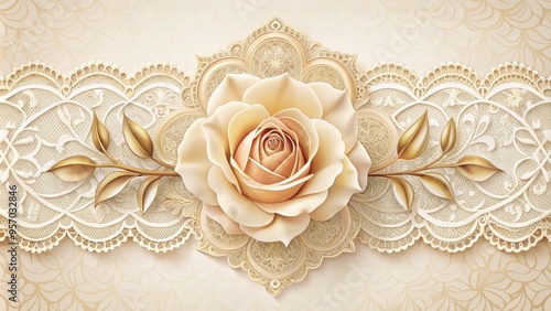 Elegant rose illustration with intricate lace border on creamy white background, adorned with delicate gold accents and subtle shading, symbolizing luxury and sophistication.