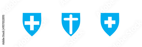 Medical health protection shield icon with cross. Healthcare medicine protect business concept, vector illustration. Plus and shield on white