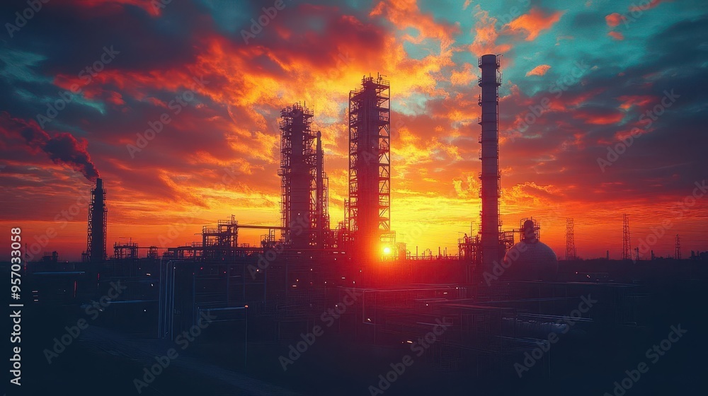 impressive industrial plant silhouetted against vibrant sunset sky intricate network of pipes and structures create striking geometric patterns impressive industrial plant silhouetted against vibrant sunset sky intricate network of pipes and structures create striking geometric patterns