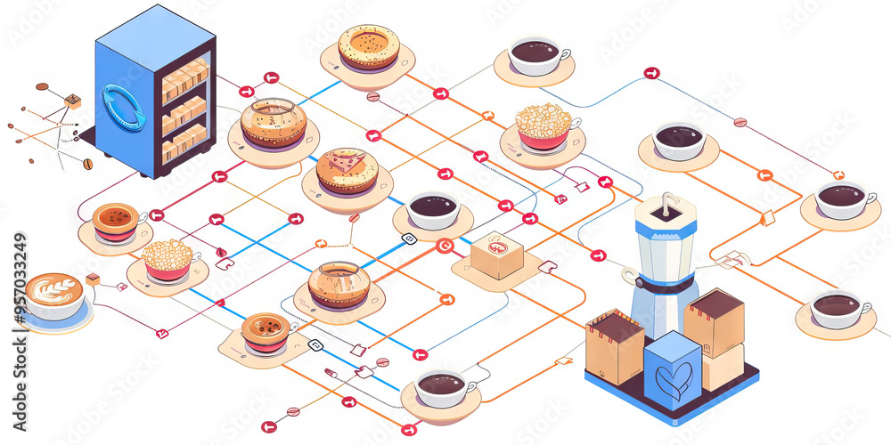 A flowchart illustrating the supply chain of a popular coffee chain, with each step represented by a color-coordinated shape and connection. A flowchart illustrating the supply chain of a popular coffee chain, with each step represented by a color-coordinated shape and connection.