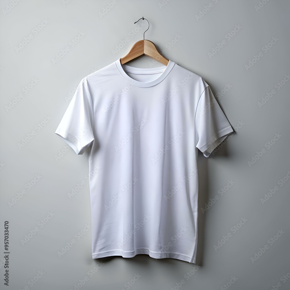 A clean and simple white t shirt hanging on a wooden hanger against a plain white background. A clean and simple white t shirt hanging on a wooden hanger against a plain white background.
