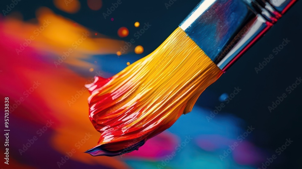 Fototapeta premium Macro shot of a paintbrush dipping into vibrant colors, Labor Day creativity, relaxation, artistic expression