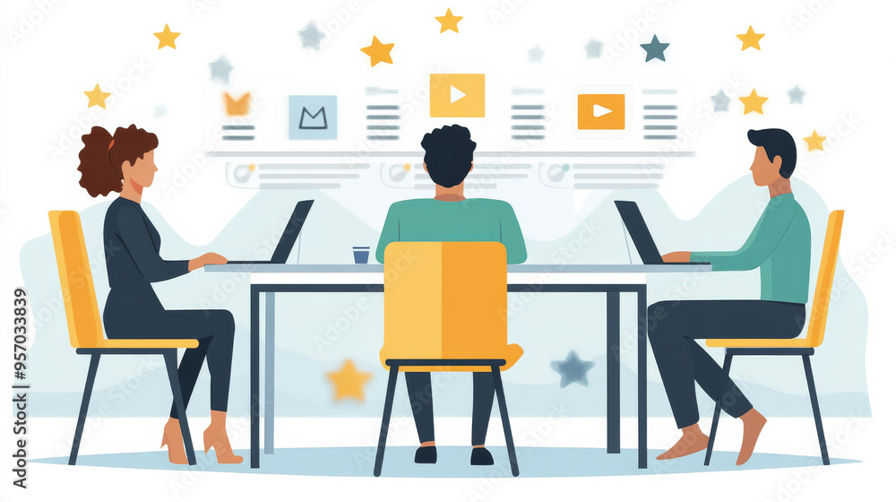 Three people are sitting at a table with laptops, working together Three people are sitting at a table with laptops, working together