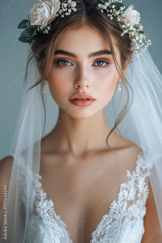 A beautiful woman in a white wedding dress, an upper body portrait with flowers and a veil on her head A beautiful woman in a white wedding dress, an upper body portrait with flowers and a veil on her head