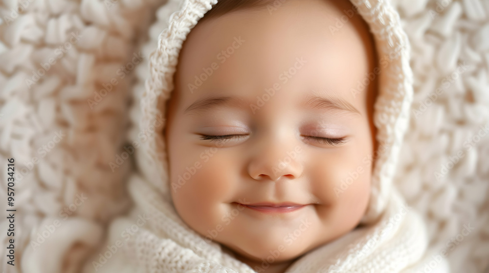 Closeup Newborn Baby Dreaming And Smiling White Closeup Newborn Baby Dreaming And Smiling White