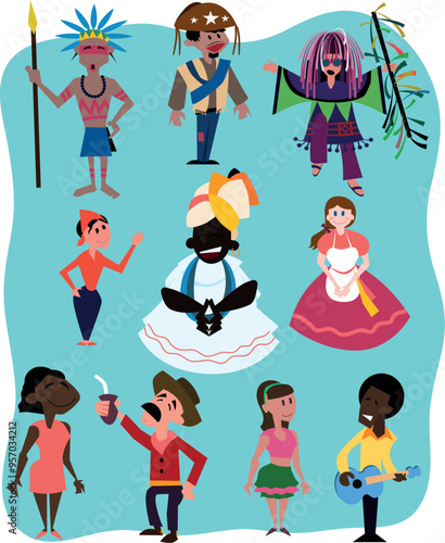 Povo Brasileiro. Representação de grupos étnicos e culturais. Maracatu, Samba, lambada, sertanejo, indígena, imigrante, quilombola, gaúcho, baiana, caucasiano, negro e miscigenado.