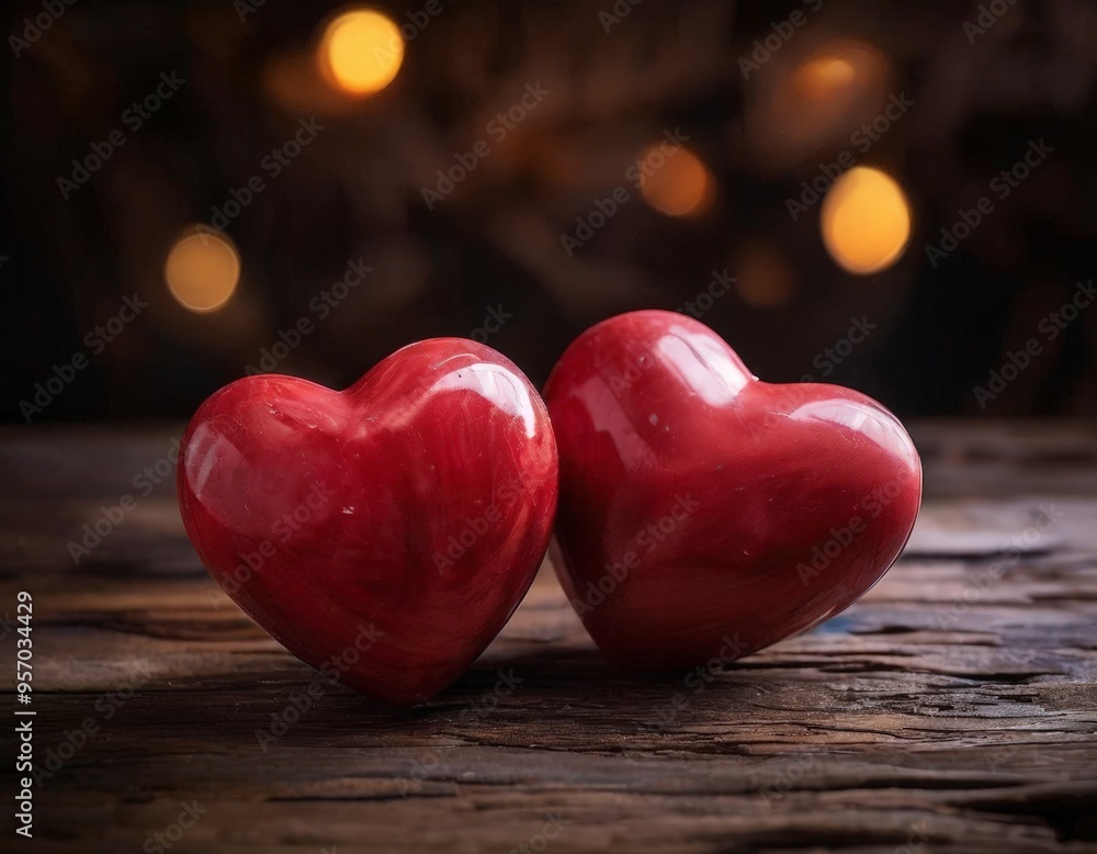 two red hearts on wooden table two red hearts on wooden table
