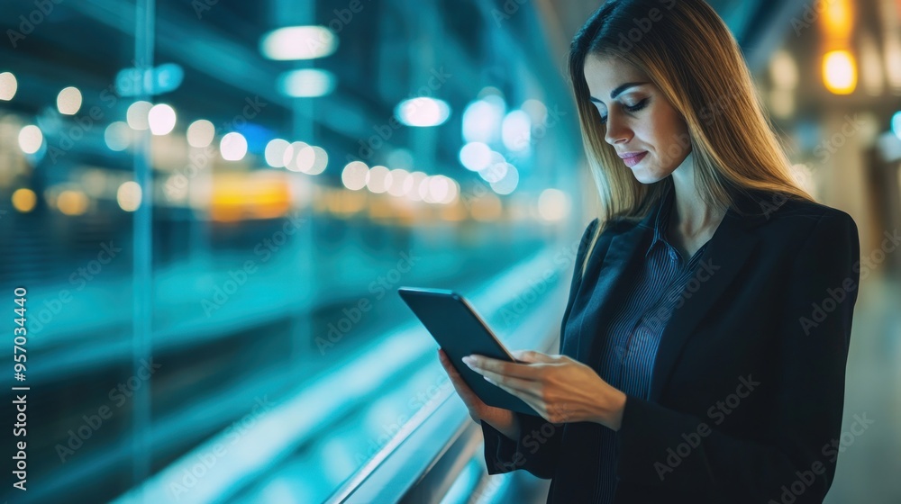 Businesswoman Using Tablet in a Modern Building Businesswoman Using Tablet in a Modern Building